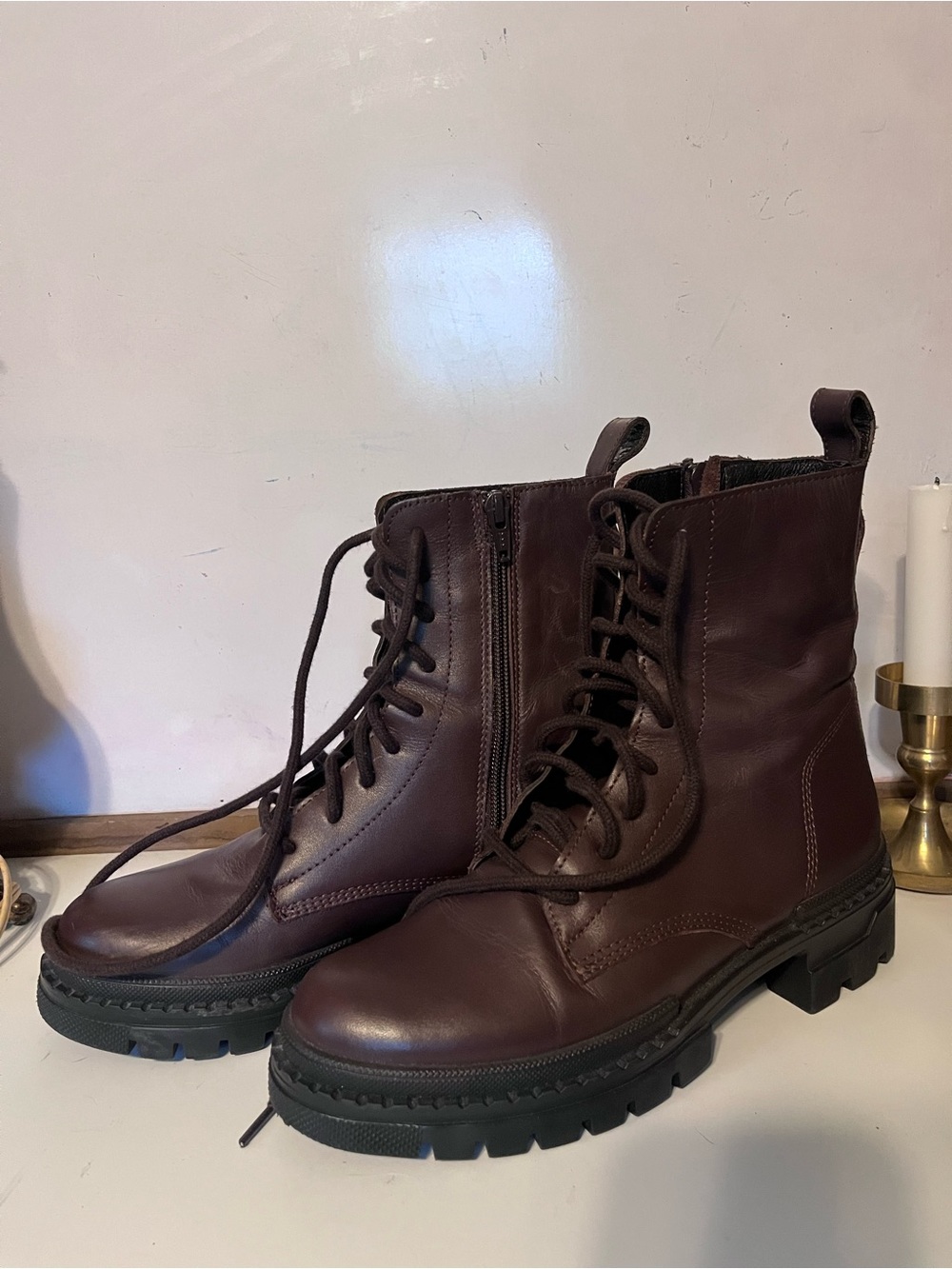 Steve Madden Brown Leather Lace-Up Combat Boots with Side Zip
